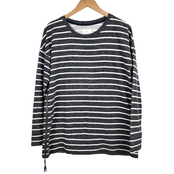 Lou & Grey Striped Top Long Sleeve Side Zip Grey White Cotton Blend size M - Picture 1 of 12